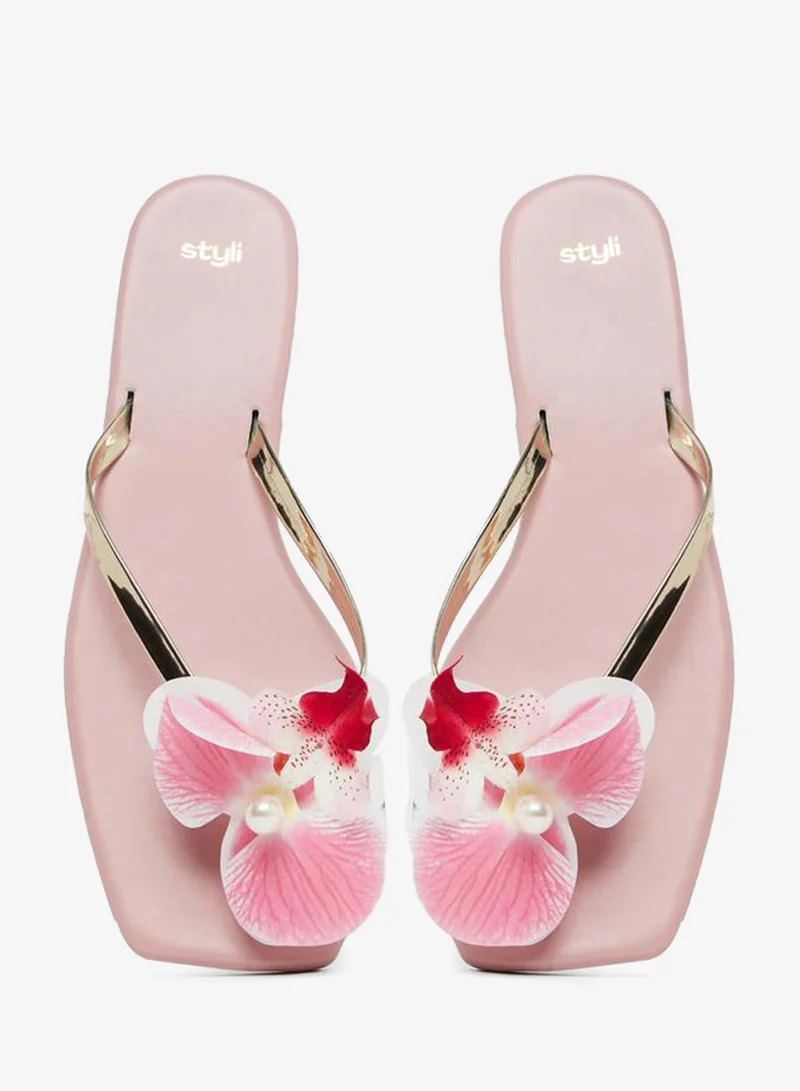 Styli  Women Pink Floral Flat Sandals for Women | Best Price UAE