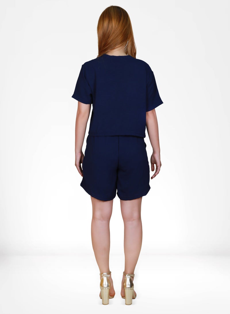 Veronica Women's Crop Top and Shorts Co-ord Set- Navy  - Image 2