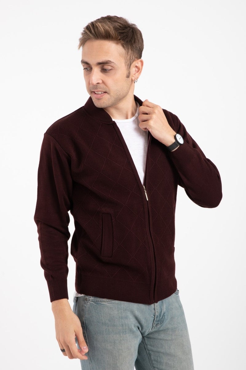 Mutlu City Men's Middle Age and Above Knitwear Acrylic Zippered Winter Father's Cardigan 2073-Burgundy  - Image 1