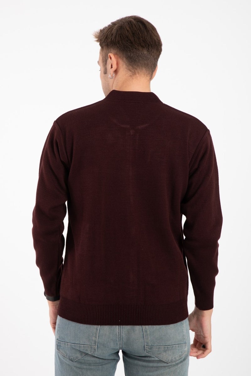 Mutlu City Men's Middle Age and Above Knitwear Acrylic Zippered Winter Father's Cardigan 2073-Burgundy  - Image 3