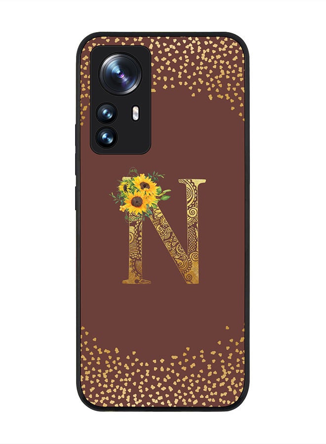 Stylizedd Rugged Black edge case for Xiaomi 12 / Xiaomi 12X Slim fit Soft Case Flexible Rubber Edges Anti Drop TPU Gel Thin Cover - Custom Monogram Initial Letter Floral Pattern Alphabet - N (Brown ) - Image 1