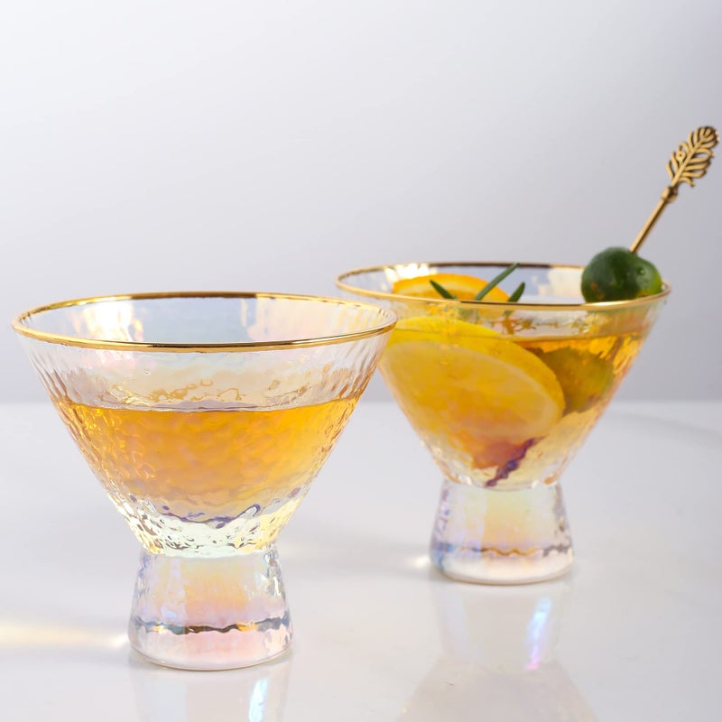 Lysenn Iridescent Stemless Martini Glasses Set of 2 - Premium Hammered Cocktail Glasses for Weddings, Anniversary, Christmas, Party - 7.7oz Gold Rim - Image 1