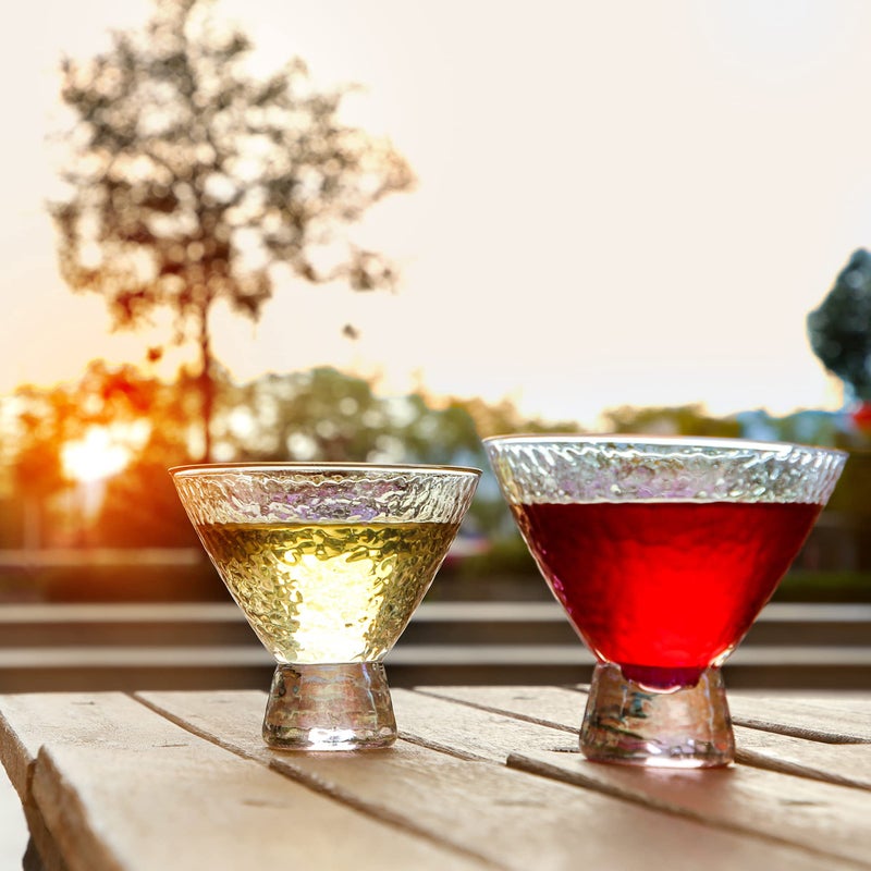 Lysenn Iridescent Stemless Martini Glasses Set of 2 - Premium Hammered Cocktail Glasses for Weddings, Anniversary, Christmas, Party - 7.7oz Gold Rim - Image 5