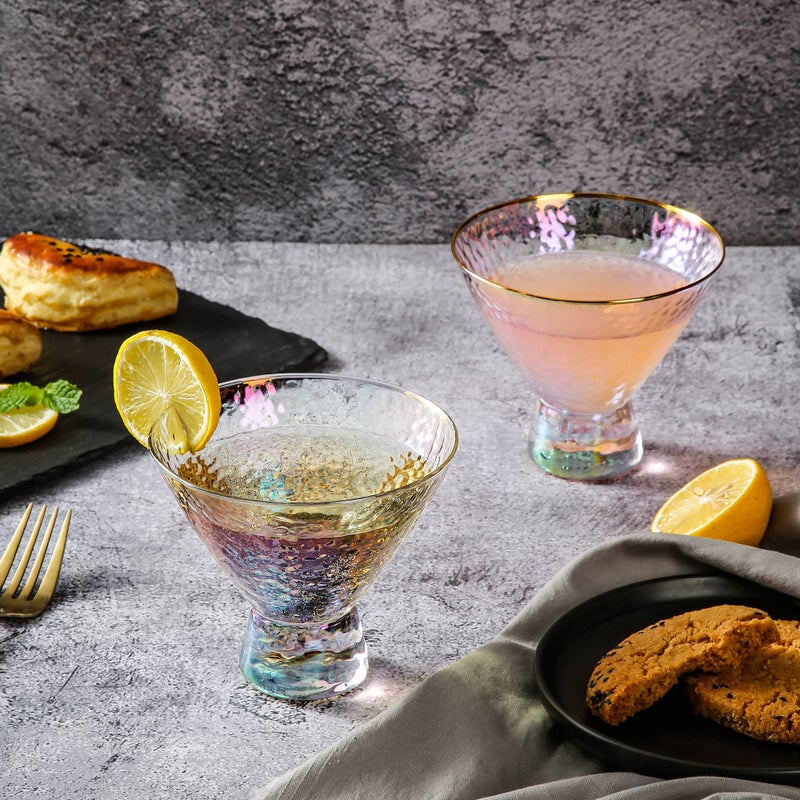 Lysenn Iridescent Stemless Martini Glasses Set of 2 - Premium Hammered Cocktail Glasses for Weddings, Anniversary, Christmas, Party - 7.7oz Gold Rim - Image 4