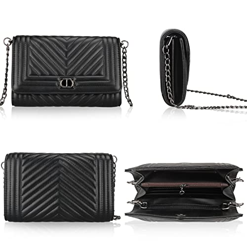 Voikukka Leather Crossbody Bag for Women Quilted Purses Small Black Crossbody Purse with Chain Strap Clutch Cross Body Phone Bags Designer Mini Flap Bag Ladies Handbags - Image 5