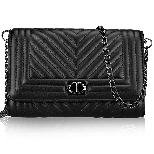 Voikukka Leather Crossbody Bag for Women Quilted Purses Small Black Crossbody Purse with Chain Strap Clutch Cross Body Phone Bags Designer Mini Flap Bag Ladies Handbags - Image 1