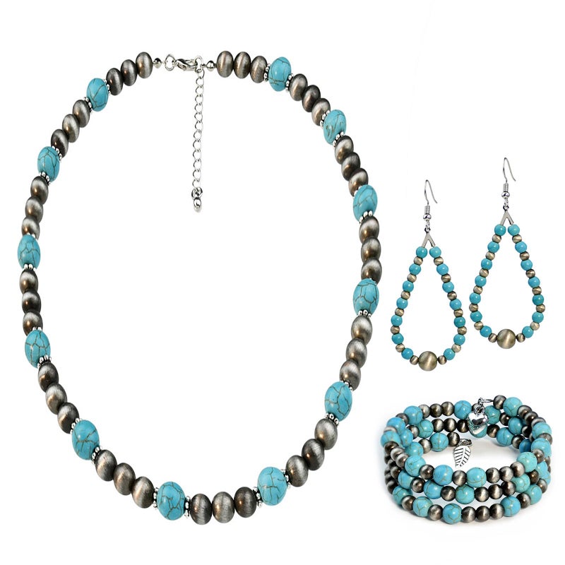 JMScape 4 PCS Western Turquoise Jewelry for Women Boho Vintage Navajo Pearl Necklace Earring Bracelet Ring Set Country Cowgirl Accessories for Gift (E-Blueï¼ˆNo Ringï¼‰) - Image 1