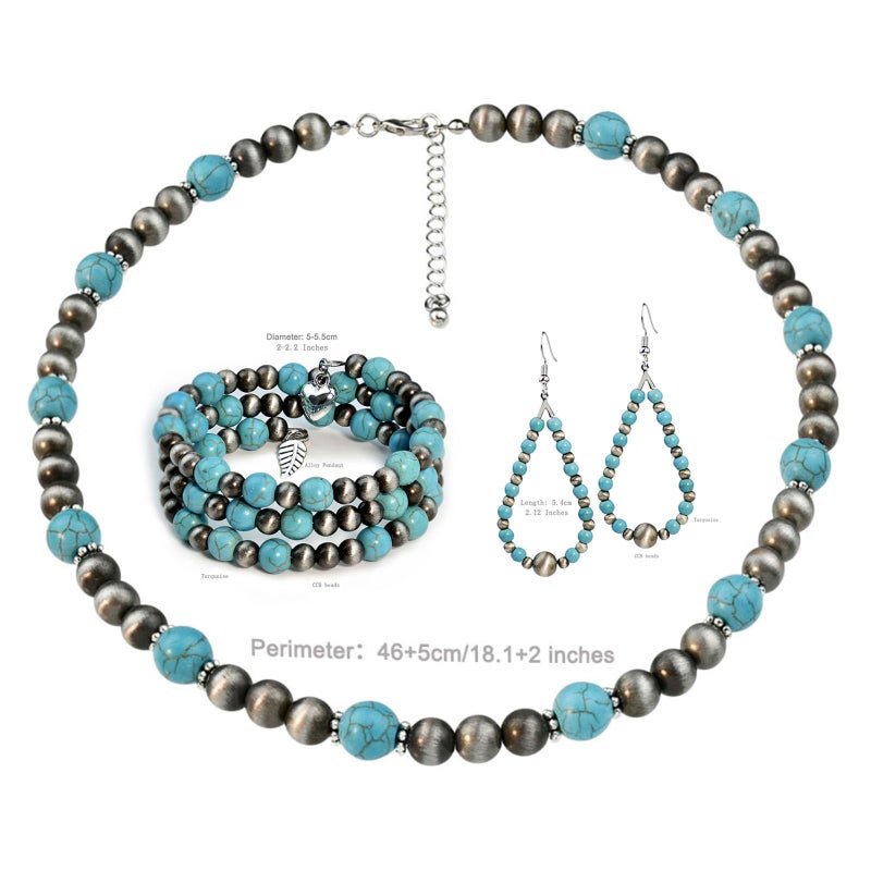 JMScape 4 PCS Western Turquoise Jewelry for Women Boho Vintage Navajo Pearl Necklace Earring Bracelet Ring Set Country Cowgirl Accessories for Gift (E-Blueï¼ˆNo Ringï¼‰) - Image 5