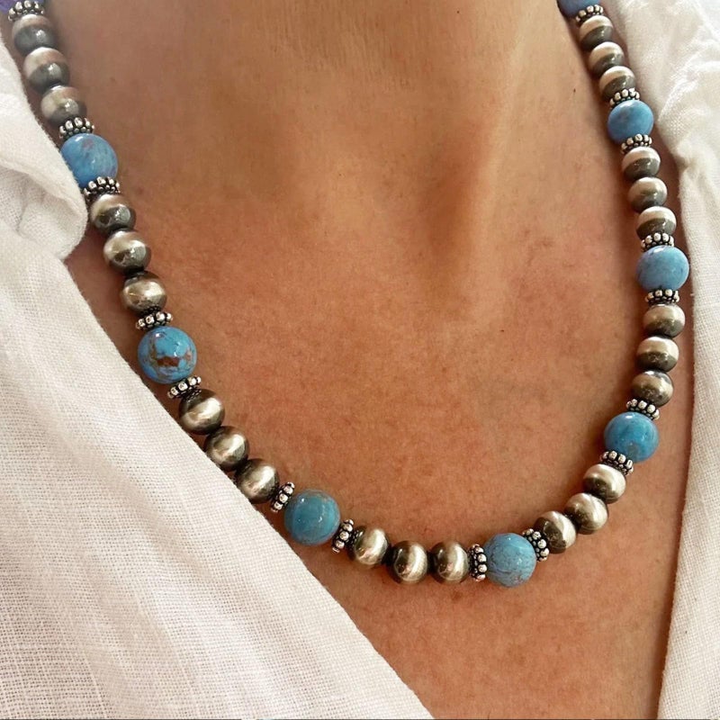 JMScape 4 PCS Western Turquoise Jewelry for Women Boho Vintage Navajo Pearl Necklace Earring Bracelet Ring Set Country Cowgirl Accessories for Gift (E-Blueï¼ˆNo Ringï¼‰) - Image 2