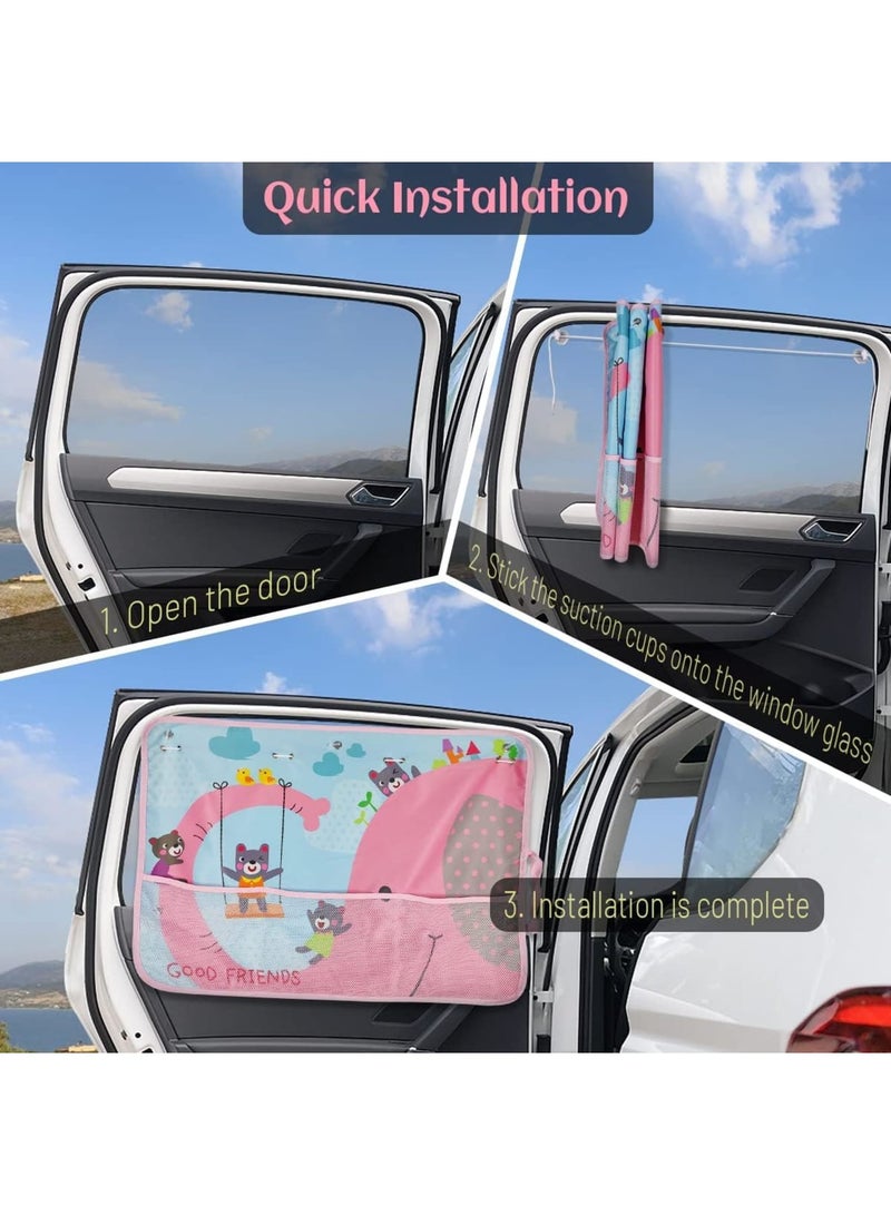 Zikra حاجب شمس للسيارة للنوافذ للأطفال، 2 عبوة حاجبات شمس كاملة للنوافذ الجانبية مع جيب تخزين، ستارة نافذة السيارة لحماية الأطفال من الشمس/الحرارة/أشعة UV - Image 4