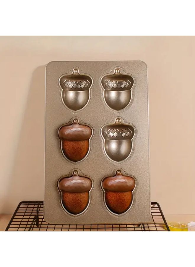6 Hole Acorn Baking Mold Heavy Duty Carbon Steel Nonstick Oven Tray Gold Brown - Image 1