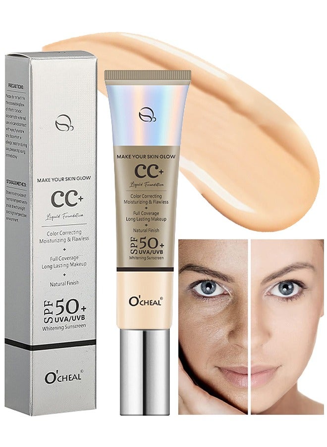 OCHEAL CC Cream, Full Coverage Foundation With SPF 50+ Whitening Sunscreen, CC Cream Foundation Anti-Redness, Colour Correcting And Brightening Face Cream, Skin Tone Adjusting CC Cream, Ivory - Image 1