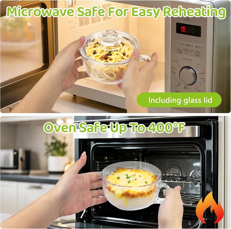 Patoper Clear Soup Bowls with Handle and Glass Lid Microwave Round Bowls Glass Cereal Cup Mug Mixing Bowl Insulated Oatmeal Bowl for Breakfast Rice Salad Fruit Yogurt,1 Pack - Image 3