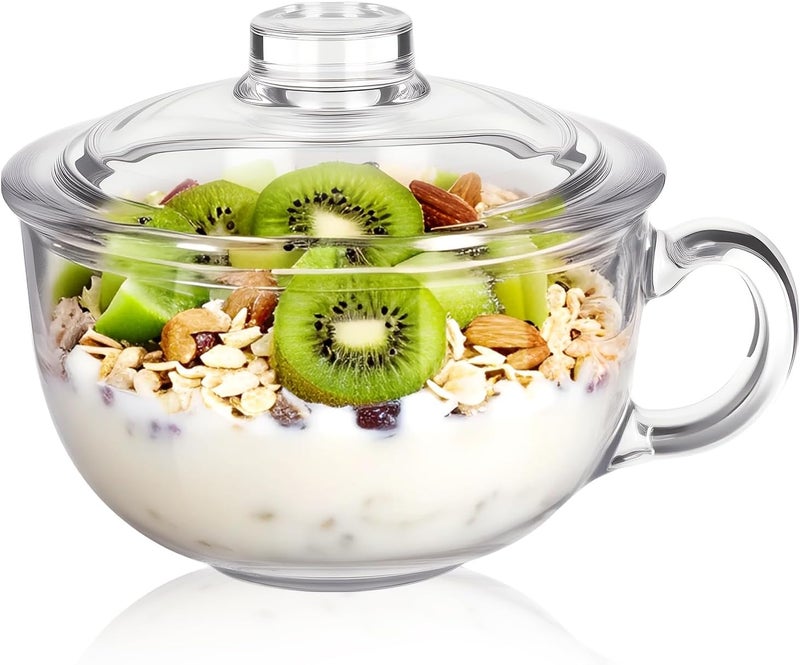 Patoper Clear Soup Bowls with Handle and Glass Lid Microwave Round Bowls Glass Cereal Cup Mug Mixing Bowl Insulated Oatmeal Bowl for Breakfast Rice Salad Fruit Yogurt,1 Pack - Image 1