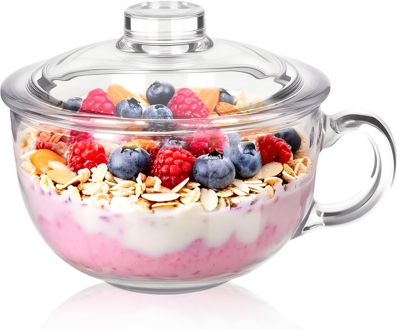 Patoper Clear Soup Bowls with Handle and Glass Lid Microwave Round Bowls Glass Cereal Cup Mug Mixing Bowl Insulated Oatmeal Bowl for Breakfast Rice Salad Fruit Yogurt,1 Pack - Image 2