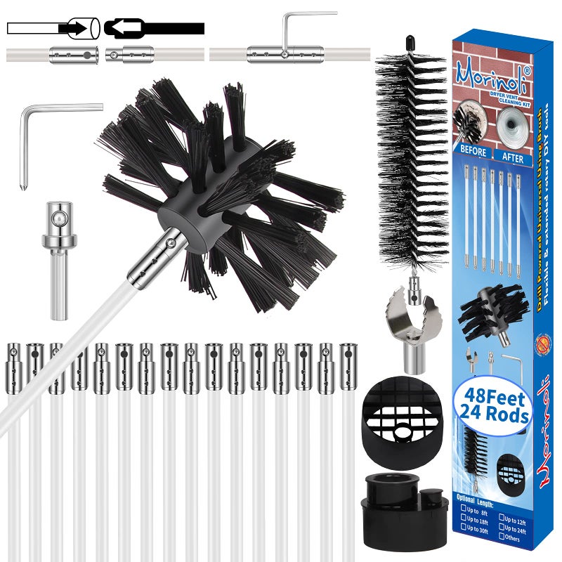 Morinoli 48 Feet Dryer Vent Cleaning Kit Chrome Button Locking System Lint Removes Dryer Vent Cleaning System Dryer Vent Cleaner Kit Vacuum Attachment with Vacuum Adapter Dryer Adapter 
