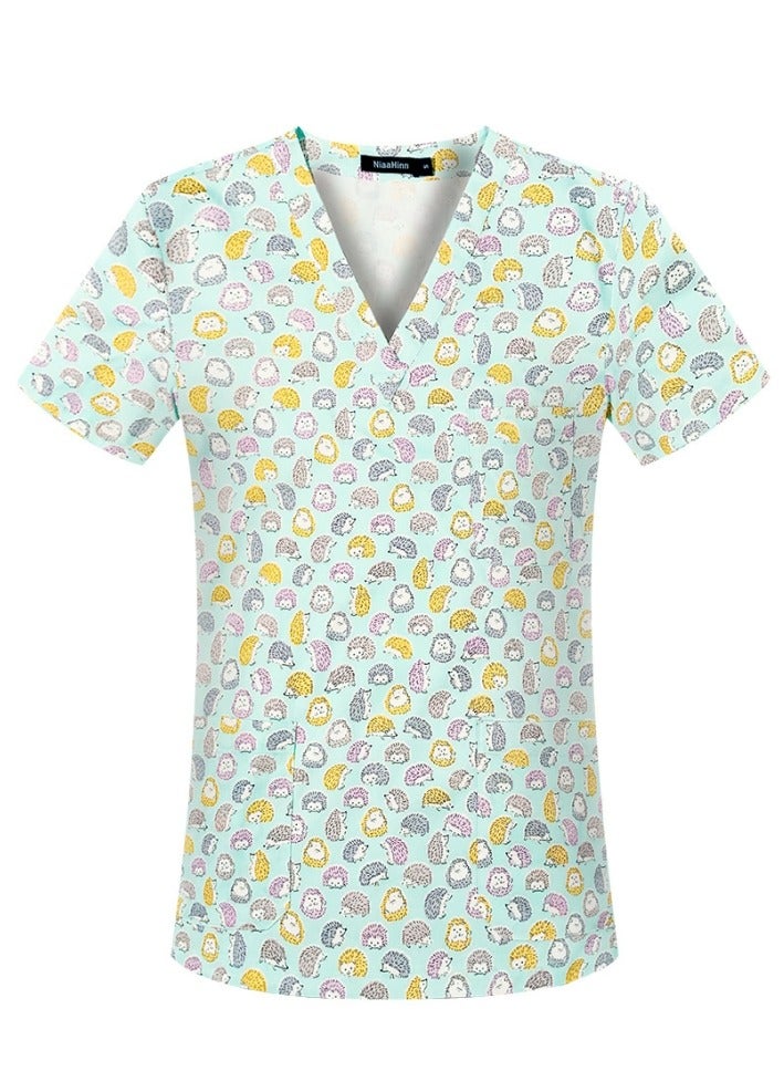 Loquat Cartoon Printed V-Neck Medical Uniform Scrubs Top Comfty Soft Workwear