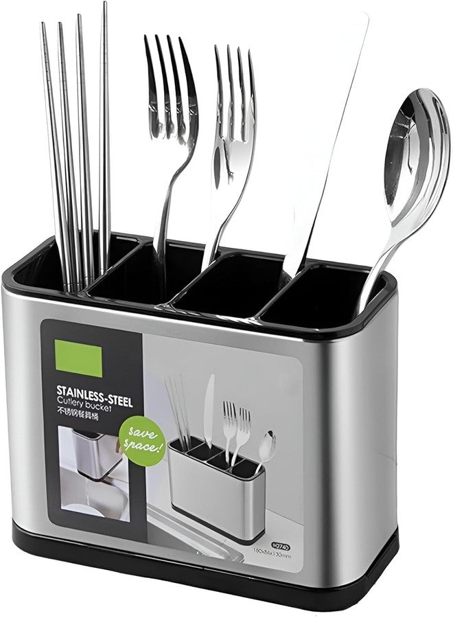 Kauldvishe Stainless Steel Cutlery Holder & Utensil Caddy | 4-Compartment Kitchen Organizer with Drainer for Spoons, Forks, Knives, Chopsticks, Spatulas | Countertop & Dining Table Storage - Image 1