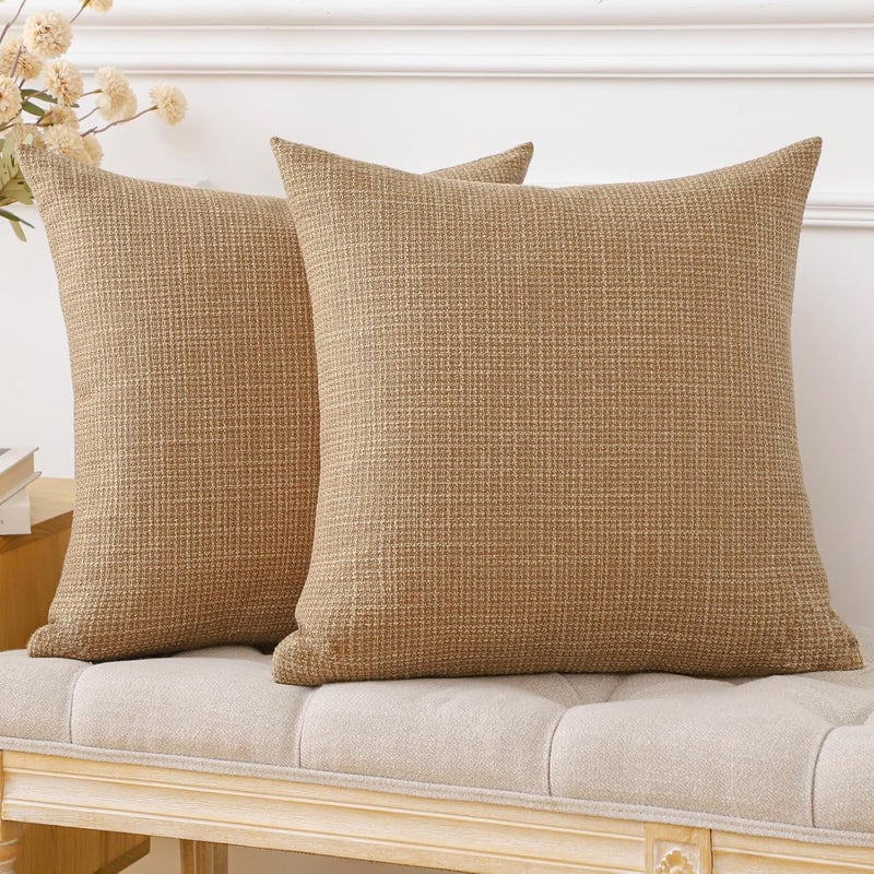 Otostar Pack of 2 Throw Pillow Covers 24x24 Inch Linen Light Brown Pillowcases Farmhouse Decorative Solid Pillow Covers 60x60 cm Square Cushion Case for Home Decor Sofa Couch Bed (Light Brown) - Image 4