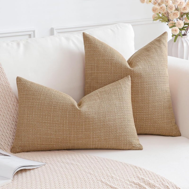 Otostar Pack of 2 Throw Pillow Covers 24x24 Inch Linen Light Brown Pillowcases Farmhouse Decorative Solid Pillow Covers 60x60 cm Square Cushion Case for Home Decor Sofa Couch Bed (Light Brown) - Image 5