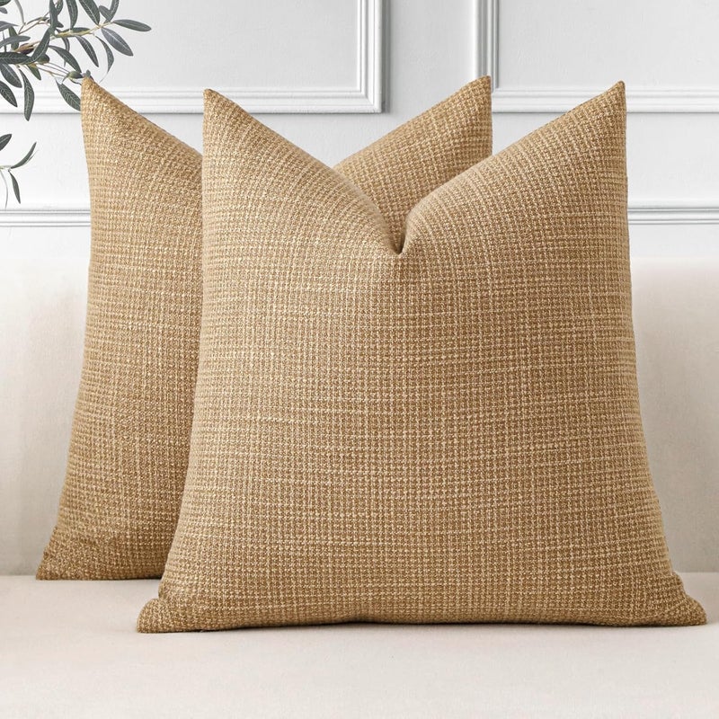 Otostar Pack of 2 Throw Pillow Covers 24x24 Inch Linen Light Brown Pillowcases Farmhouse Decorative Solid Pillow Covers 60x60 cm Square Cushion Case for Home Decor Sofa Couch Bed (Light Brown) - Image 1