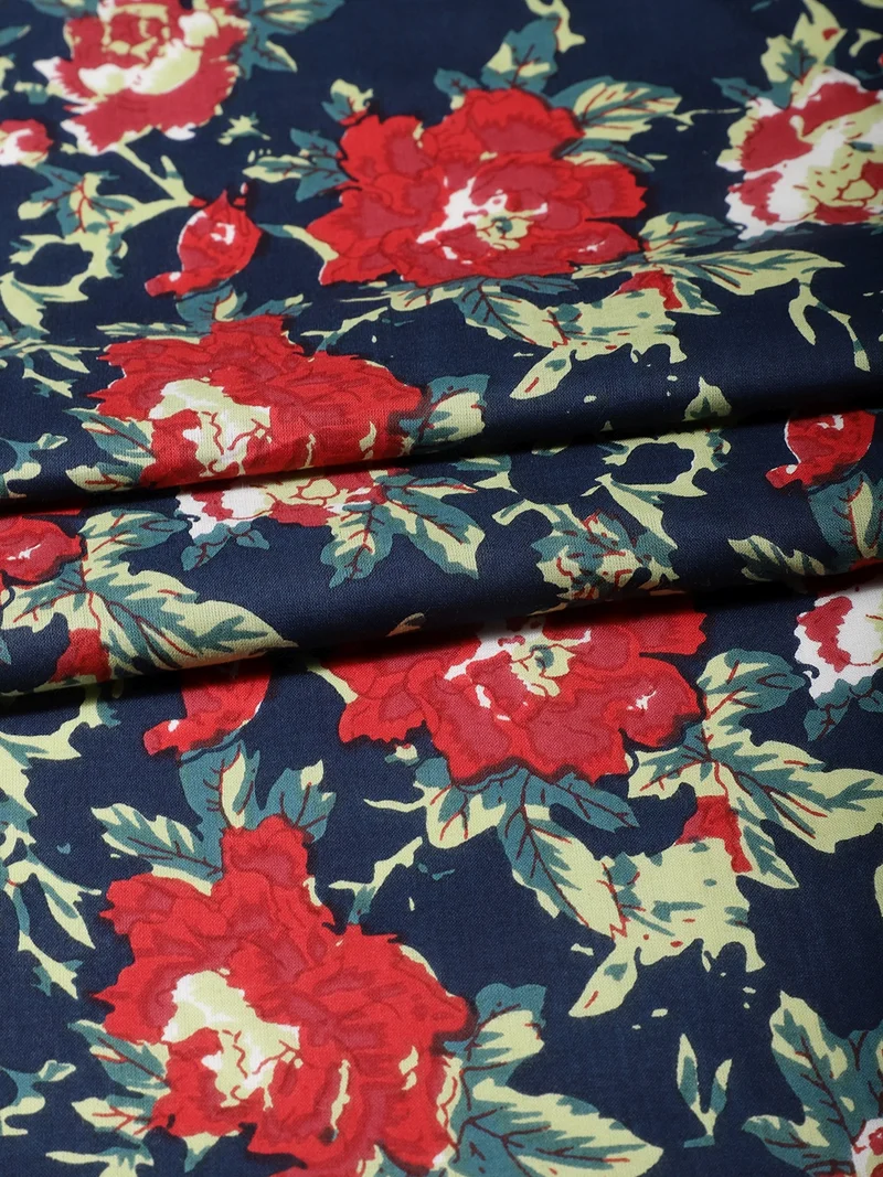 أيه كيه إس Navy Blue Vintage Rose Print Fabric