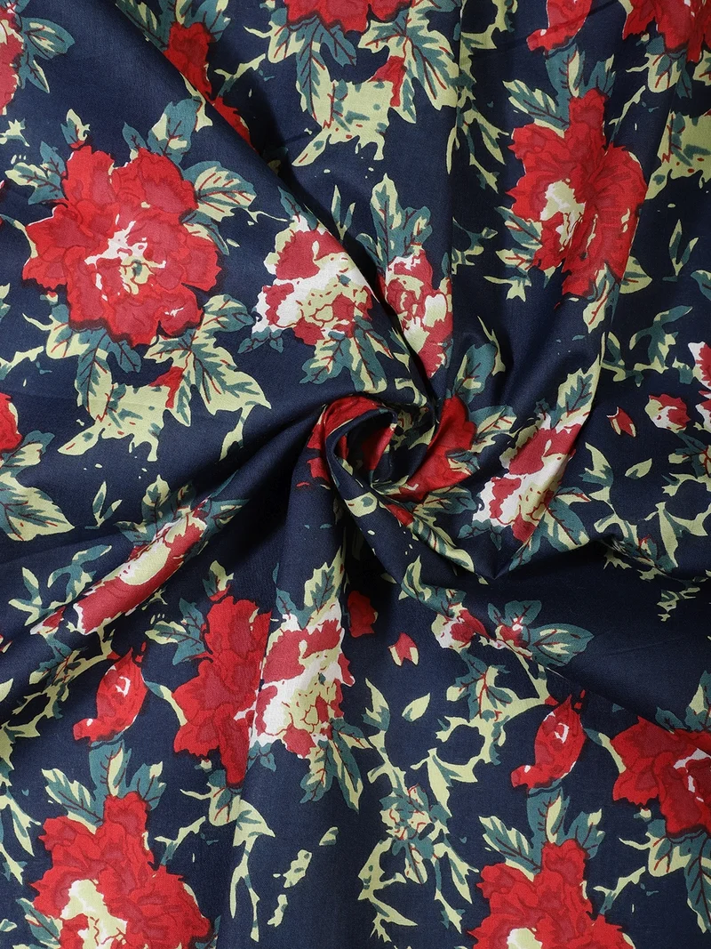أيه كيه إس Navy Blue Vintage Rose Print Fabric