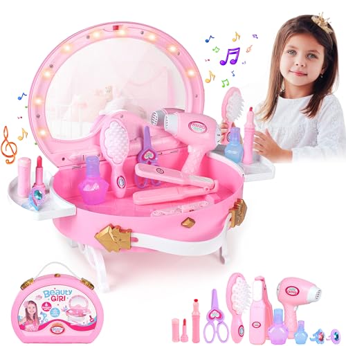 Bettina Little Princess Toddler Vanity Set Portable Makeup Kits with Lights and Music Real Mirror Multiple Accessories Best Birthday Christmas Festival Gift for Girls 37 Year Old Toddlers 13 - Image 1