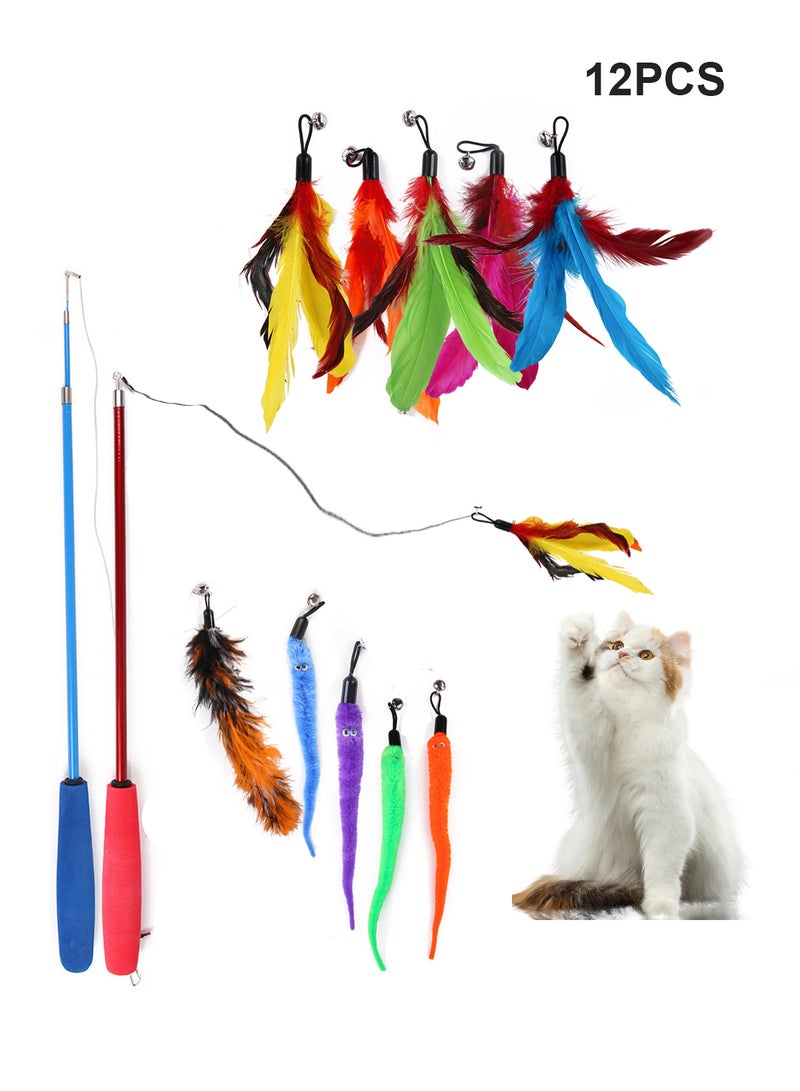 12 PCS Indoor Cat Toys Pet Interactive Teaser Stick Set Cat Feather Stick Toys - Image 1