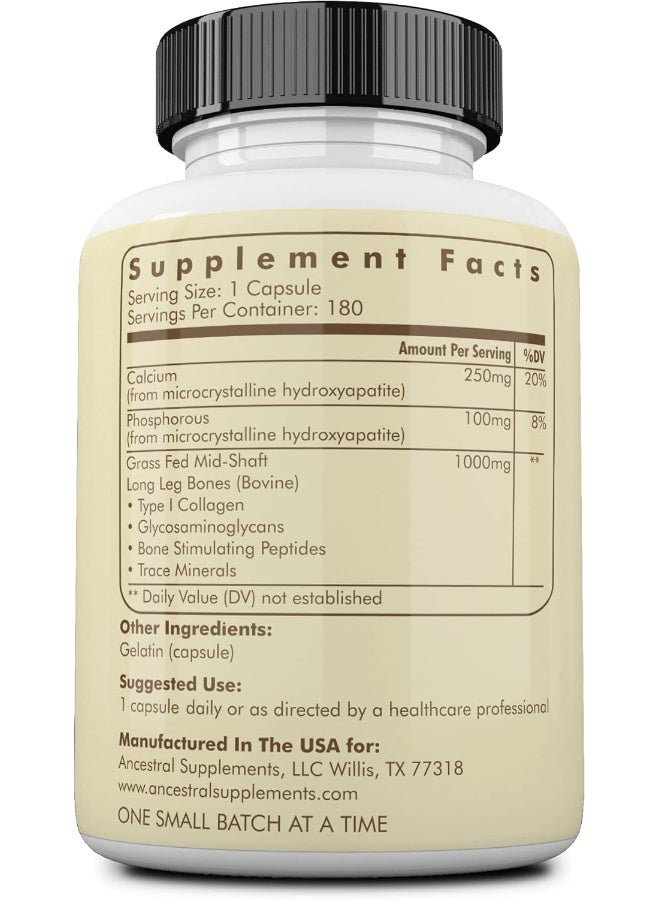 Ancestral Supplements Grass Fed Beef Living Bone Supplement, Bone Meal Capsules Support Bone Health, Oral And Joint Health And Flexibility, Non-Gmo, 180 Capsules - Image 2