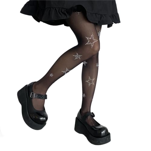 SLITHICE Women's star tights rhinestone tights black tights gothic kawaii y2k cute stockings (US, Alpha, One Size, Regular, Regular, Star) - Image 3