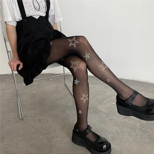 SLITHICE Women's star tights rhinestone tights black tights gothic kawaii y2k cute stockings (US, Alpha, One Size, Regular, Regular, Star) - Image 5