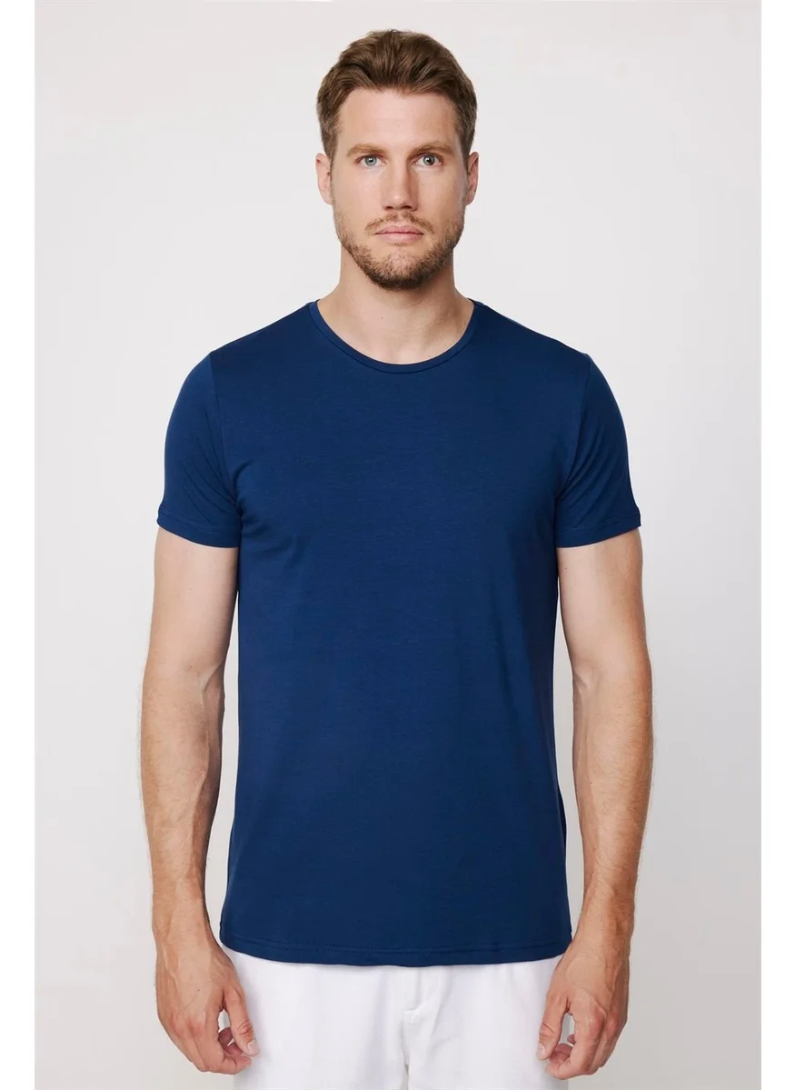 Tudors Slim Fit Crew Neck Plain Basic Short Sleeve Navy Blue T-Shirt