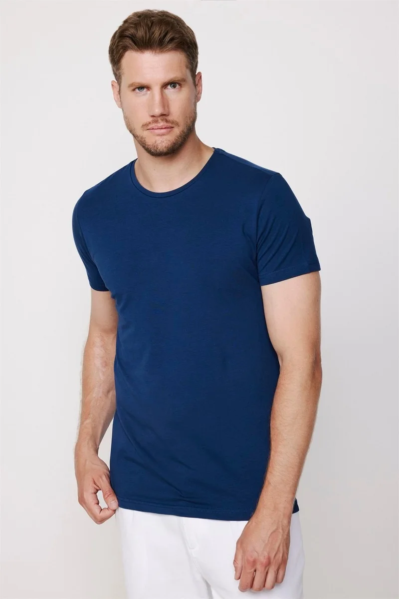 Tudors Slim Fit Crew Neck Plain Basic Short Sleeve Navy Blue T-Shirt