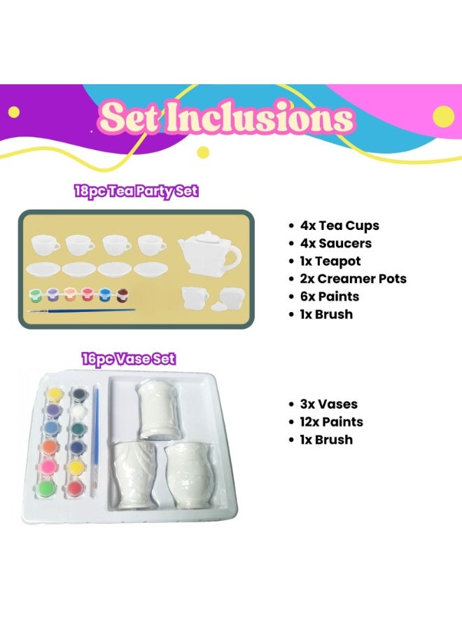 Home Smart Tea party for toddlers DIY paint you own Tea party Accessories 16 Pcs set have Tea Cup, Saucers, Teapot, creamer pot, Paint and Brush Perfect for gift. - Image 3
