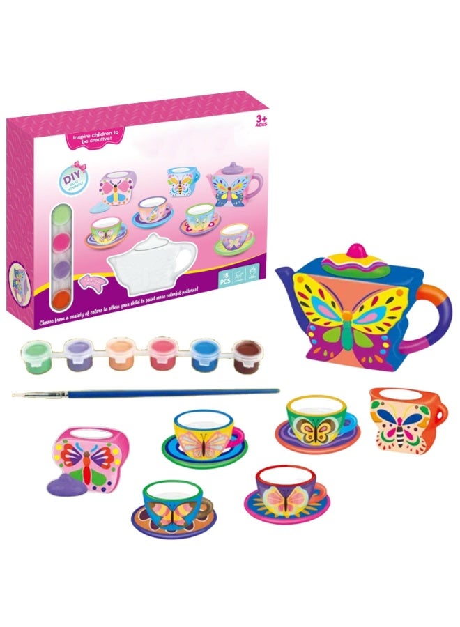 Home Smart Tea party for toddlers DIY paint you own Tea party Accessories 16 Pcs set have Tea Cup, Saucers, Teapot, creamer pot, Paint and Brush Perfect for gift. - Image 1