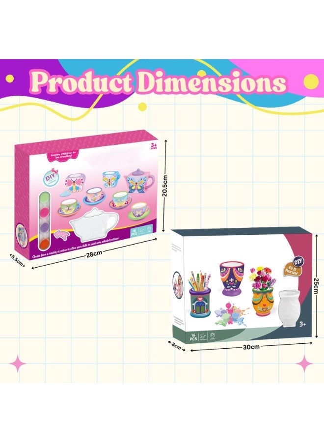 Home Smart Tea party for toddlers DIY paint you own Tea party Accessories 16 Pcs set have Tea Cup, Saucers, Teapot, creamer pot, Paint and Brush Perfect for gift. - Image 2