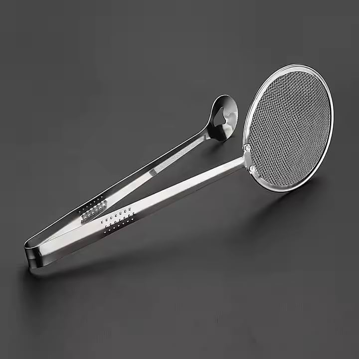 KRUPAVI KRUPAVI 2 in 1 Fry Filter Spoon Strainer with Clip Oil Oil Frying BBQ Filter Mesh Strainer Stainless Steel Frying Strainer Silver  - Image 1