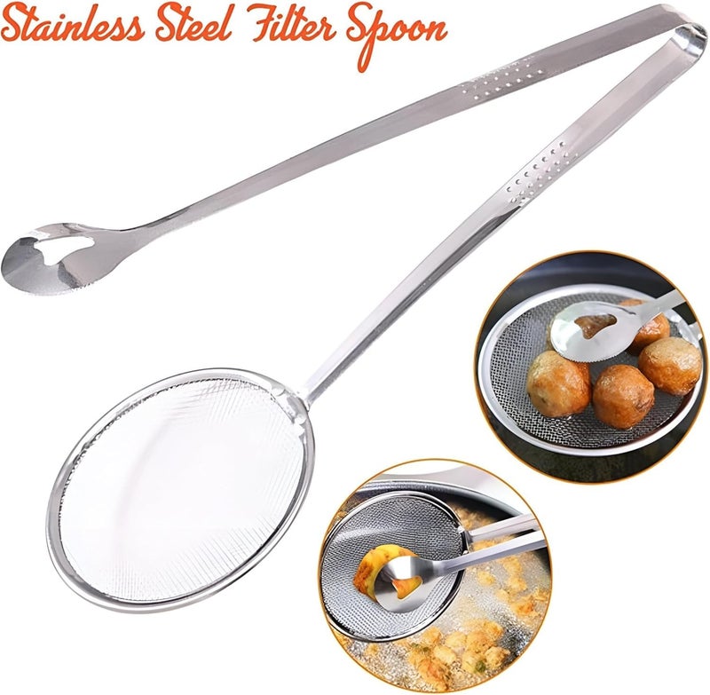 KRUPAVI KRUPAVI 2 in 1 Fry Filter Spoon Strainer with Clip Oil Oil Frying BBQ Filter Mesh Strainer Stainless Steel Frying Strainer Silver  - Image 3