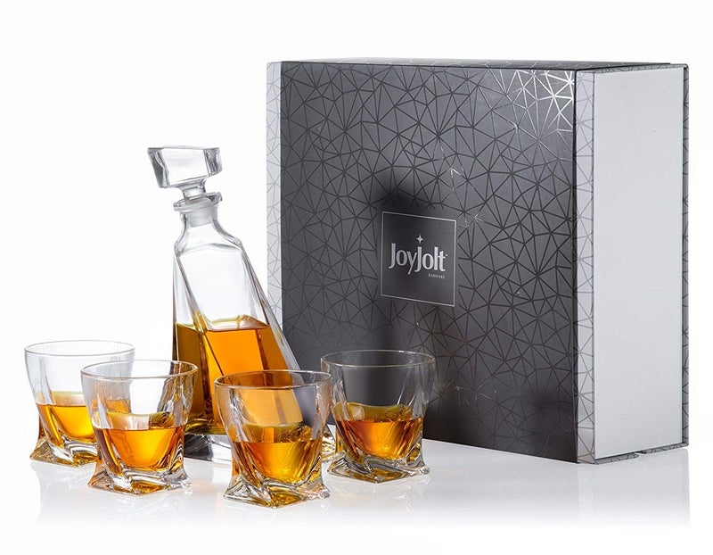 JoyJolt Atlas 5Piece Luxury Crystal Whiskey Decanter Set 22 oz Decanter  4 x 108 oz Old Fashioned Whiskey Glasses