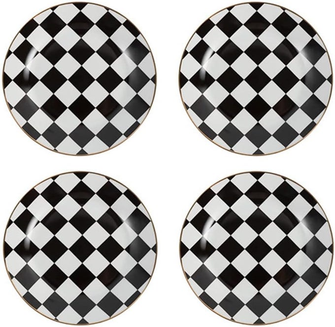RETRO BLACK AND WHITE CHECKERBOARD GOLD EDGE CERAMIC DINNER PLATE DESSERT PLATE SALAD PLATESET OF 4