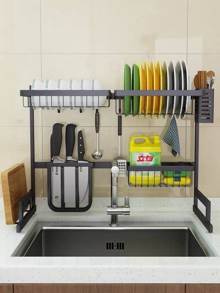 Over the Sink Dish Drying Rack, Stainless Steel 2 Tier Adjustable Cutlery Storage Rack for Cutlery and Knives, Black