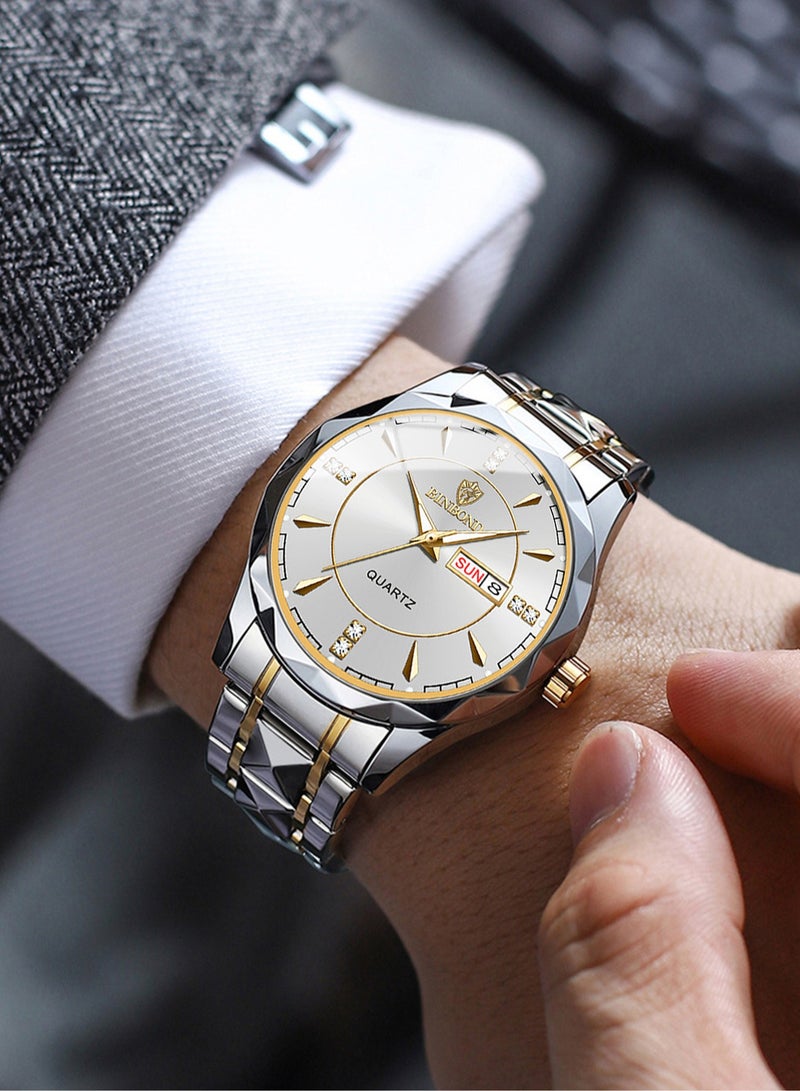 BINBOND Men Quartz Watch B5552 Lnternational Fashion Brand  Sports Military Steel Band Waterproof Luminous Men Business Gold Wristwatches