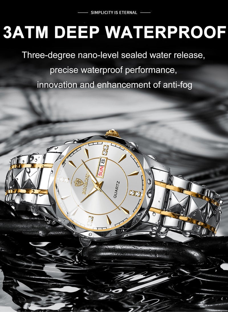 BINBOND Men Quartz Watch B5552 Lnternational Fashion Brand  Sports Military Steel Band Waterproof Luminous Men Business Gold Wristwatches