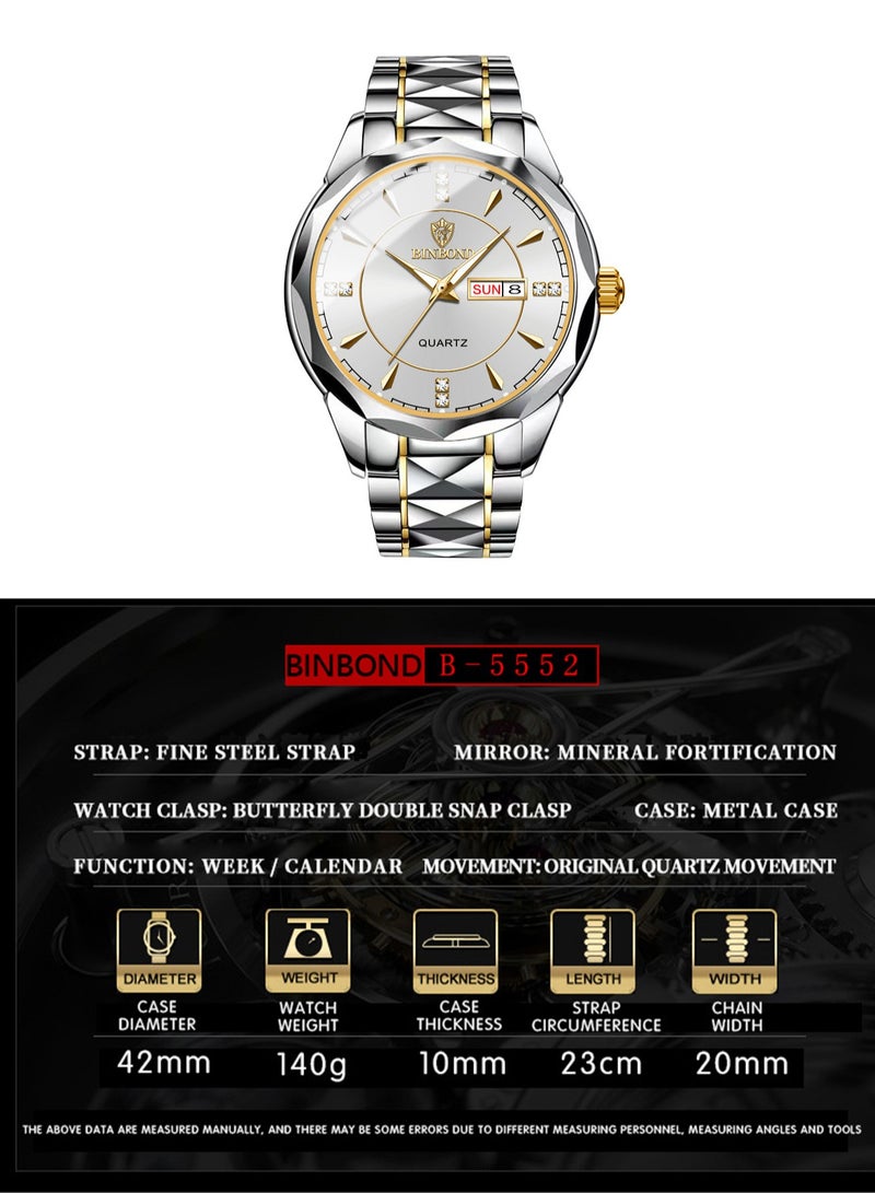BINBOND Men Quartz Watch B5552 Lnternational Fashion Brand  Sports Military Steel Band Waterproof Luminous Men Business Gold Wristwatches