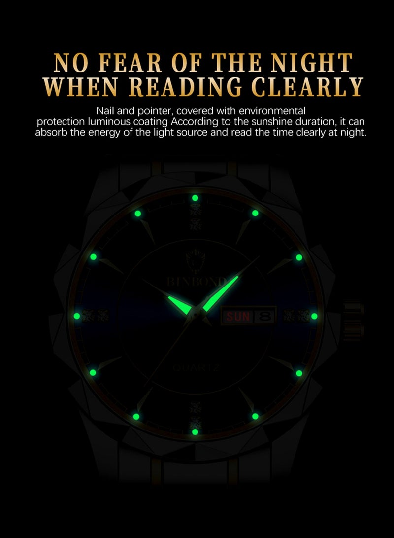 BINBOND Men Quartz Watch B5552 Lnternational Fashion Brand  Sports Military Steel Band Waterproof Luminous Men Business Gold Wristwatches