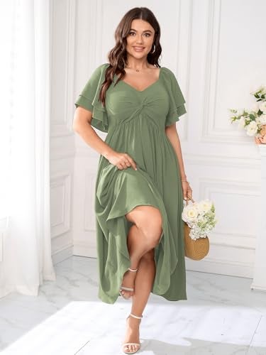 SCOMCHIC Women's Plus Size Wedding Guest Cocktail Dresses Sweetheart Neckline Ruffle Sleeve A Line Maxi Dress Sage Green - Image 5