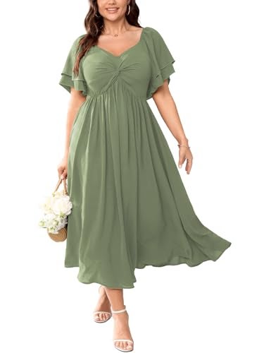 SCOMCHIC Women's Plus Size Wedding Guest Cocktail Dresses Sweetheart Neckline Ruffle Sleeve A Line Maxi Dress Sage Green - Image 1