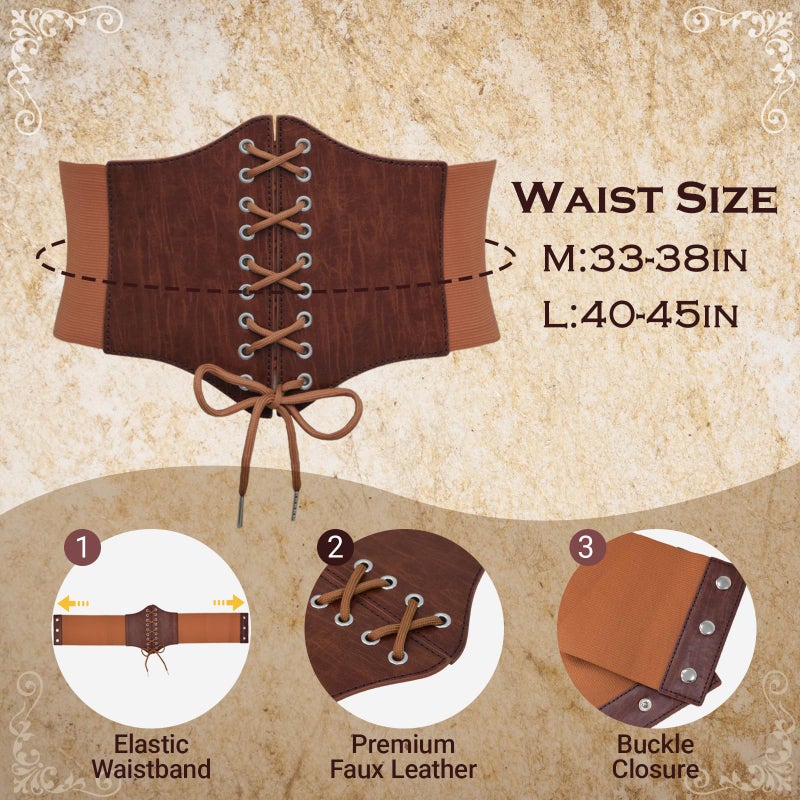 Vegove Women Medieval Viking Costume Accessories, Renaissance Fairy Elf Ears & Moon Head Chain Corset Bracer Kit for Halloween (Brown, Medium) - Image 4