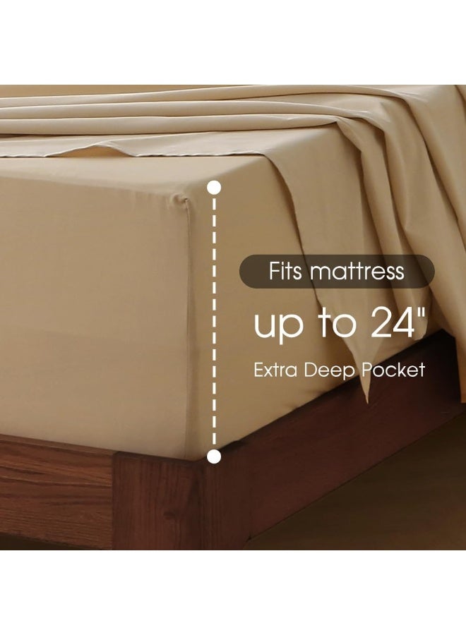 HYPREST Deep Pocket King Bedsheets Beige-100% Cotton 400 Thread Count Sheet Sets Fits 18''-24'' in Deep Mattress - Image 3